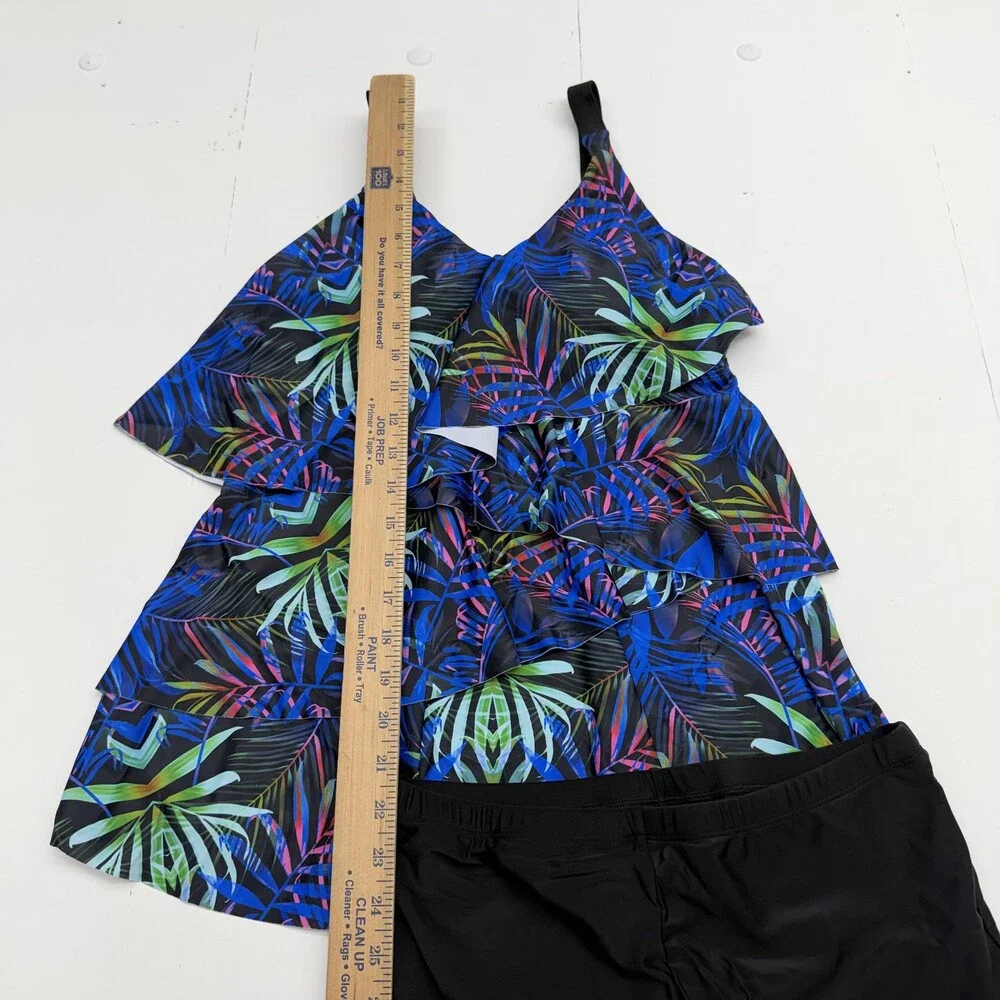 Blue Tropical Tankini Swimsuit Set Womens M Ruffle Swim Shorts 2 Piece Lined